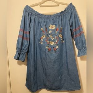 navy floral embroidered off the shoulder 3/4 sleeve dress